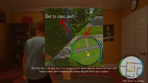 Agefield High HUD showing the current objective and map prompt